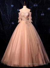 Champagne Pink Tulle Short Sleeve Appliques Beading Quinceanera Dress